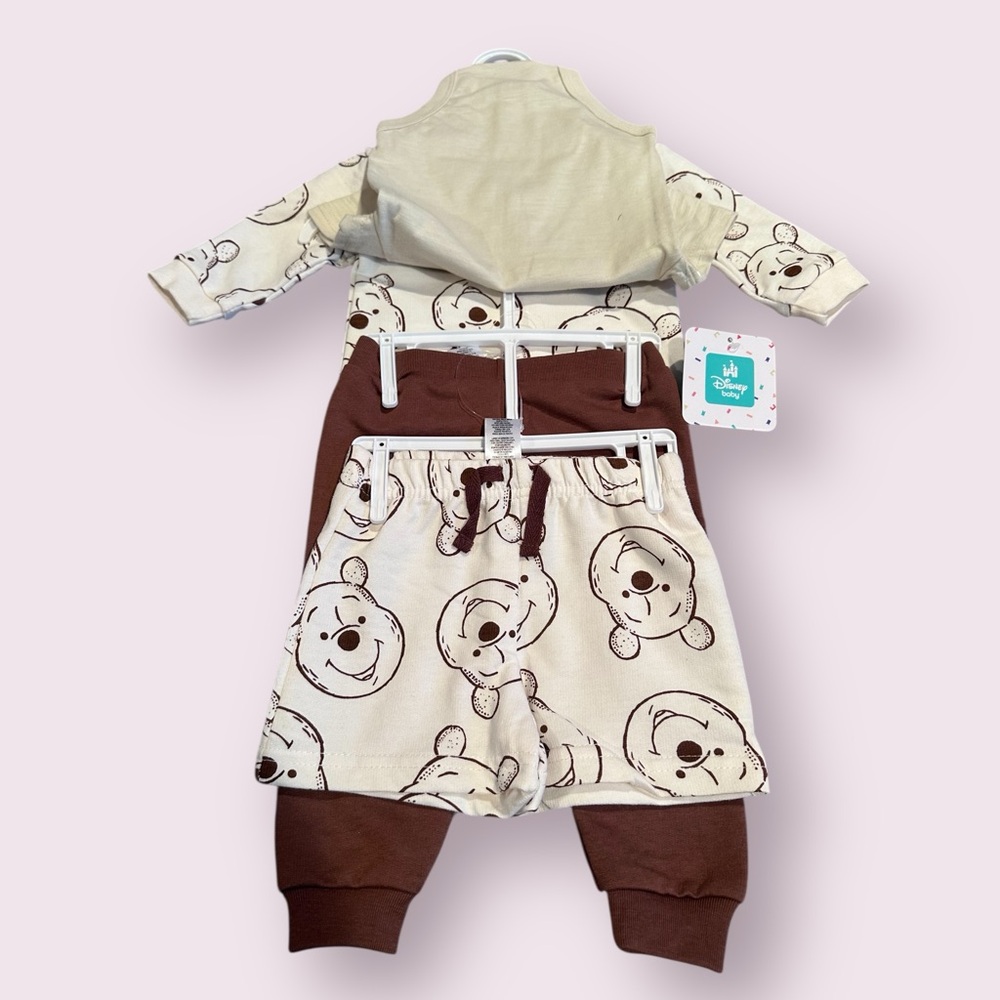 NWT Disney Baby Winnie The Pooh Tan And Brown Four Piece Set Size 3/6 Months - Picture 5 of 8
